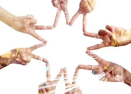Hands peace sign, star overlay and business people together in solidarity, community support or studio team building. Collaboration, teamwork cooperation gesture or group isolated on white backgroundの写真素材