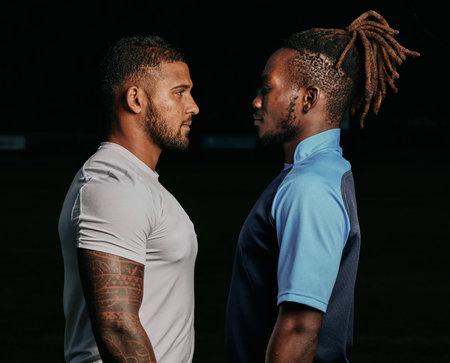 Profile, rival and a sports black man facing his opponent while looking serious in studio on a dark background. Face, challenge or conflict with a male athlete and competitor ready for competitionの写真素材