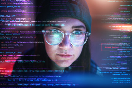 Double exposure, code or woman hacker in dark room at night for coding, phishing or cybersecurity....