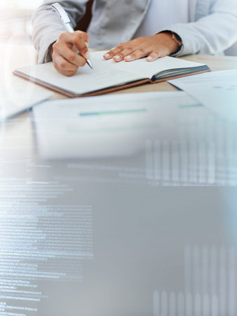 Notebook writing, hands or hologram code for financial growth, investment management or fintech...