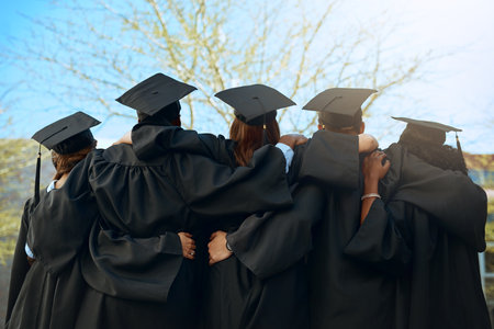 Thats a wrap folks. Rearview shot of a group of young students embracing on graduation day.の写真素材