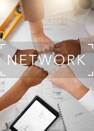 Architecture, planning or engineering team fist bump in meeting for motivation, support or partnership. Blueprint collaboration, hands zoom or top of group of people in office with goals or targetの写真素材