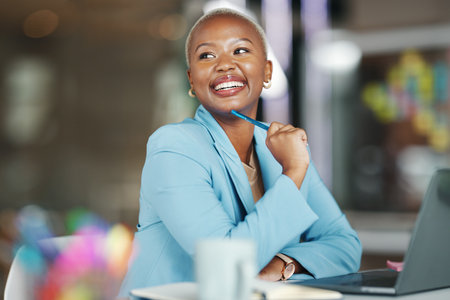 Business, office idea and happy black woman, creative agent or person thinking of brand advertising plan. Agency project, professional or girl working on company development for social media strategyの写真素材