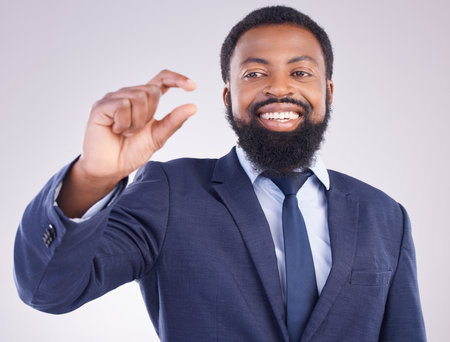 Hand gesture, size and a business black man in studio on a gray background to measure company growth. Corporate, small or tiny with a happy african american male employee showing a measurementの写真素材