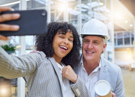 Architect selfie, diversity and happy team with memory picture of architecture engineering...