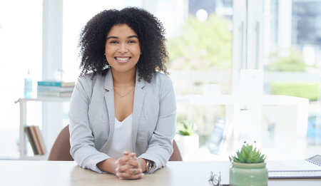 Business woman, happy or portrait in job interview, we are hiring or recruitment meeting on mockup. Smile, face or corporate manager in human resources, hr or ready for recruiting employee assessmentの写真素材