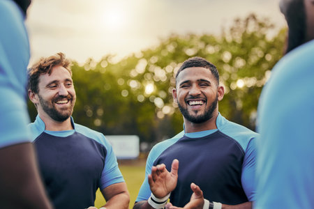 Men, happy or laughing rugby team on fitness break, exercise workout or training in sports club...