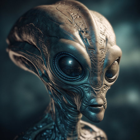 Alien attack or abduction or in a UFO space ship, visitor or scary world or universe with invasion, technology and martians. A close up or portrait of aliens for horror, strange and special effects.の素材