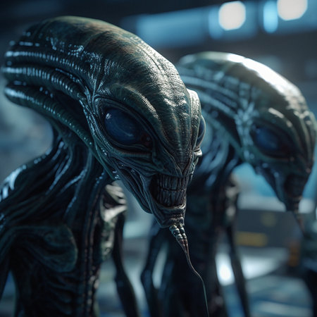 Alien attack or abduction or in a UFO space ship, visitor or scary world or universe with invasion, technology and martians. A close up or portrait of aliens for horror, strange and special effects.の素材