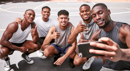 Selfie, basketball and sports with a team on a court taking a photograph after a game or training together. Phone, collaboration and fitness with a basketball player group posing for a pictureの写真素材