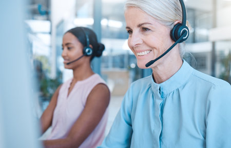 Call center, woman and headphones, phone call and contact, tech support or customer help desk company, employee consulting with client. Communication, worker and customer service or telemarketing.の写真素材