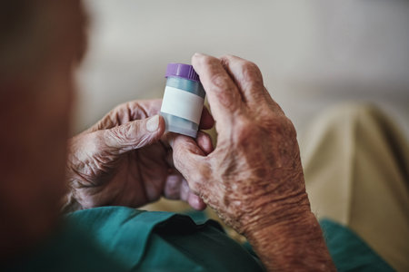 I still have a little responsibility as a senior. a senior man about to take his medication.の写真素材