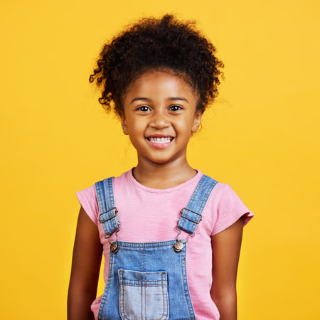 Studio portrait mixed race girl looking standing alone isolated against a yellow background. Cute hispanic child posing inside. Happy and cute kid smiling and looking carefree in casual clothesの写真素材