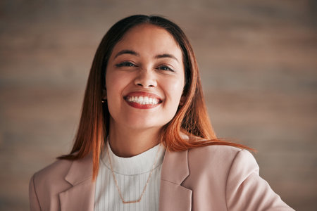 Business woman, happy smile and portrait of an employee with happiness and joy ready for work. Corporate, young female and lawyer worker feeling proud, joy and confident from law firm and company jobの写真素材