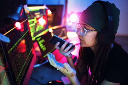 Computer screen, phone call or girl hacker in basement in dark room at night for hacking, phishing...