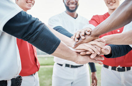 Baseball, sports motivation or hands in huddle with support, hope or faith on baseball field in game together. Teamwork, happy people or group of excited softball athletes with goals or solidarityの写真素材