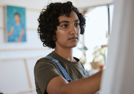 Art, creative and woman painting on canvas in a workshop or studio for creativity. Face on an Indian artist, designer or painter working on paint job for a gallery or professional exhibitionの写真素材