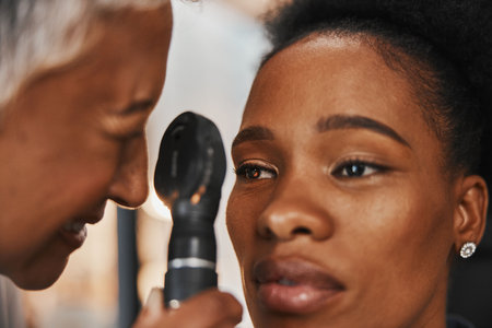 Doctor, face or black woman in eye exam assessment consultation for eyesight at optometrist office. Zoom of optician helping a mature customer testing or checking vision, iris or retina visual healthの写真素材