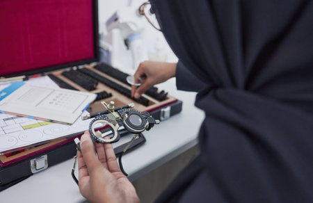 Hands, vision and optometry with an islamic woman at work in eyecare for prescription lenses for...