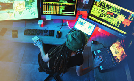 Coding hacker, woman programmer and computer work for cybersecurity, programming and big data. Hack...