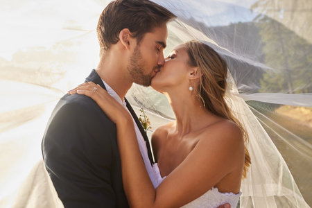 Couple, wedding and kissing with vail for love, compassion or affection together in nature. Married man kiss woman on lips, hugging in marriage, relationship or loving embrace for commitment outdoorsの写真素材