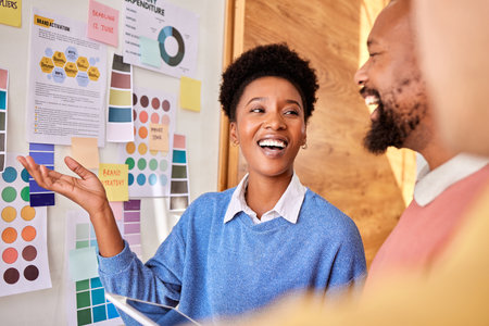 Planning, group brainstorming and business people for branding, research and strategy for a project. Happy, teaching and black woman doing a presentation of a plan, idea or design to employeesの写真素材