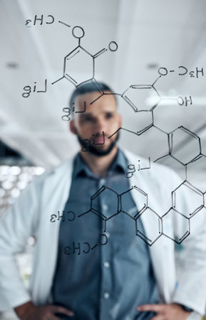 Chemistry man, glass wall and formula writing in science laboratory for medical research, healthcare study and dna analytics. Thinking scientist with chemical compound analysis in vaccine innovationの写真素材