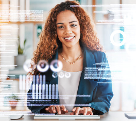 Businesswoman, computer and portrait smile in analytics typing on keyboard for data entry or...