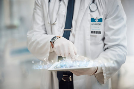 Futuristic healthcare, hologram and doctor with tablet for patient data, medical care and research. Hospital mockup, 3d screen and health worker with digital tech for internet, network and telehealthの写真素材