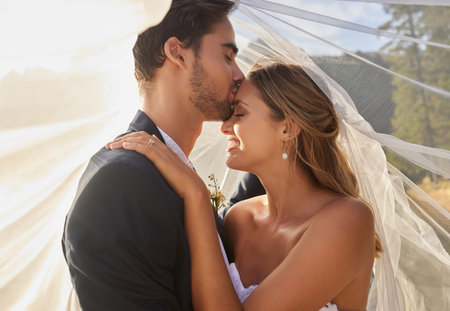 Couple, wedding and forehead kiss with vail for love, compassion or affection together in nature....