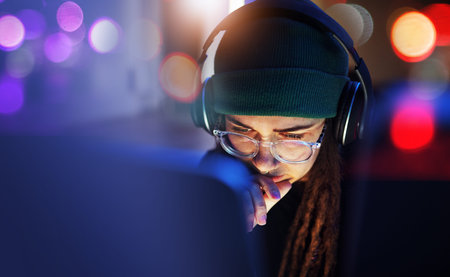 Night, programmer thinking or woman hacker coding, phishing or cybersecurity technology online....