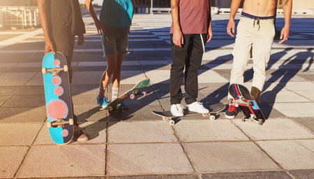 Skateboarding did it. a group of skaters standing together.の写真素材
