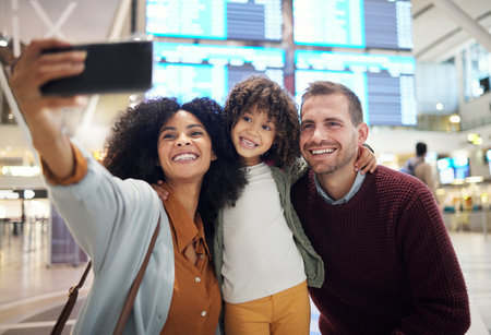 Family selfie, airport and girl with parents for travel, diversity and interracial bonding with smile. Man, happy black woman and female child with smartphone for profile picture on social media appの写真素材