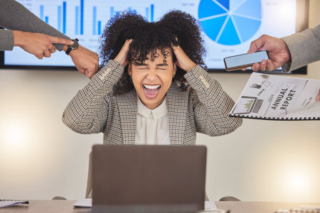 Stress, screaming and overworked with black woman and laptop for compliance, accountability or tax audit. Headache, mental health and anxiety with employee shouting for multitasking, burnout and failの写真素材