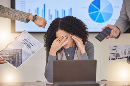 Stress, headache and overworked with black woman and laptop for compliance, accountability or tax...