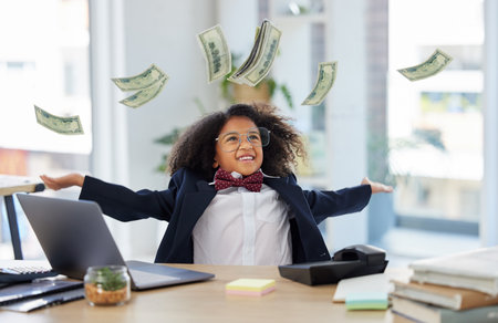 Laptop, winner and child throw money for achievement, victory and online winning at home. Success, business mockup and young girl on computer celebrate, happy and excited for payment, bonus and goalの写真素材