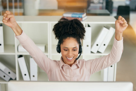 Call center, success and business woman with happiness from a telemarketing achievement. Crm,...