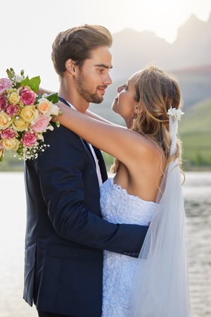 Love, lake wedding and couple hug for bond commitment, romantic ceremony or union event in outdoor nature. Eye contact, flower bouquet and marriage of man, woman or fiance together in solidarityの写真素材