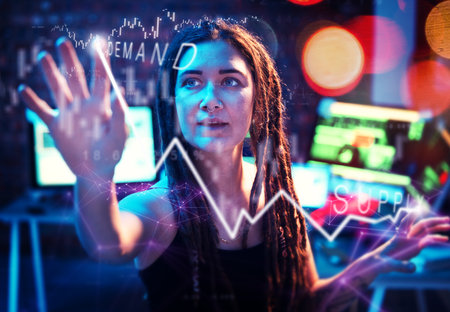 Woman hacker, night and hologram overlay for economy, online banking system and graph for data analysis. IT expert, dark web and cyber crime in computer lab with holographic display for market trendの写真素材