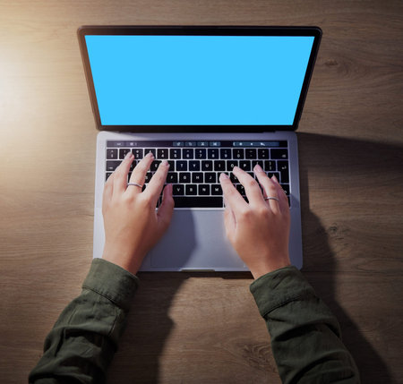 Top view, hands or laptop green screen for woman in night research, internet browsing or web design...
