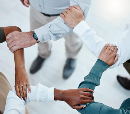 Teamwork, collaboration and hands of business people in shape for motivation, support and community....