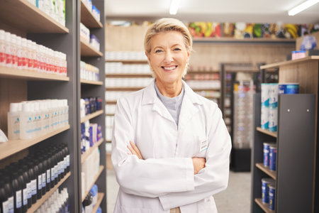 Pharmacy, senior woman pharmacist in portrait at drug store and pills with medicine for healthcare. Drugs, health and arms crossed, pharmaceutical and happy with confident female medical professionalの写真素材