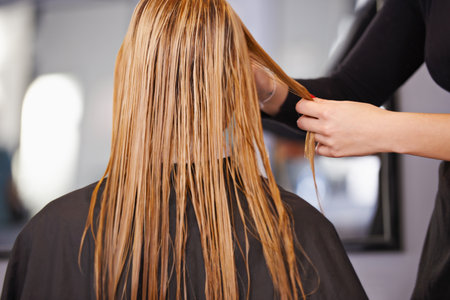 The hair affair. a woman having her hair trimmed at a salon.の写真素材