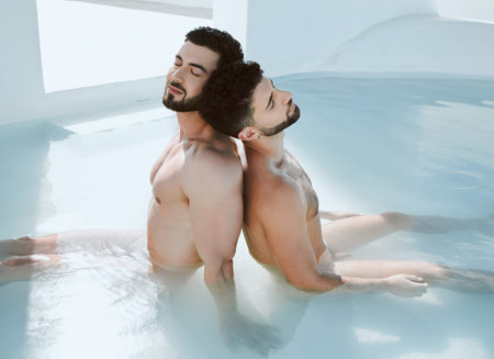 Calm, sleep and men in a pool for swimming, relaxation and summer enjoyment. Spa, hot tub and or an...