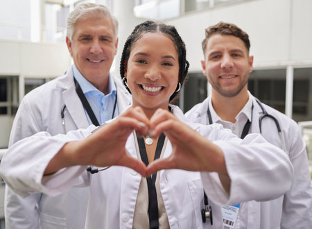 Heart hand, woman doctor and portrait with a healthcare and wellness team in a hospital. Happiness, love and emoji hands gesture with doctors in a medical clinic showing solidarity and community careの写真素材