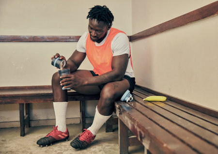 Sports, protein shake and black man in locker room with drink, milkshake and healthy smoothie for energy. Fitness, health and male athlete with nutrition beverage for training, exercise and workoutの写真素材