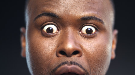 I cant believe my eyes. a young man posing against a grey background.の写真素材