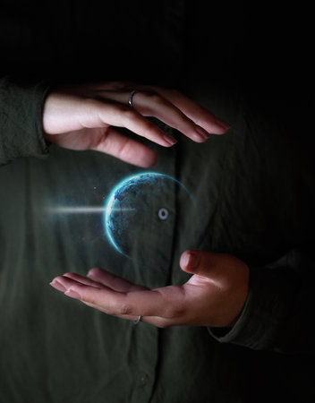 Hand, world and hologram overlay with a user of ai or 3d technology accessing the metaverse for global networking. Globe, software and holographic with a person using a ux interface or dashboardの写真素材