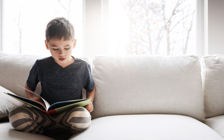 Anther day, another story to be read. an adorable little boy reading a book while relaxing on the sofa at home.の写真素材