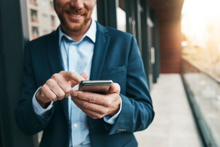 Opportunities need a connection to reach you from. a mature businessman using his cellphone on the office balcony.の写真素材